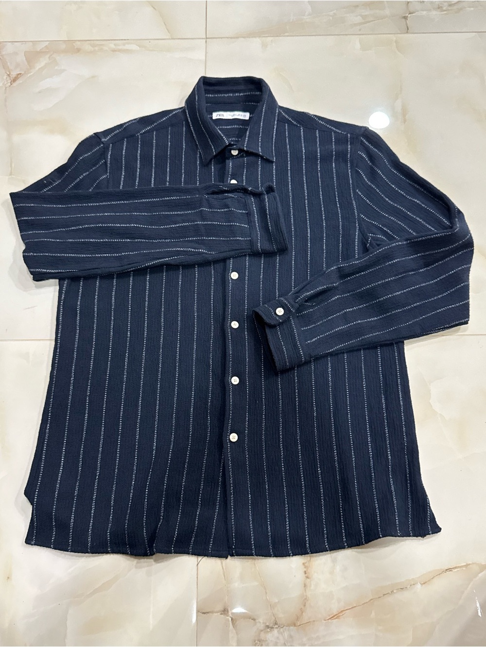 Zara Navy Blue Vertical Stripe Button-Down Shirt